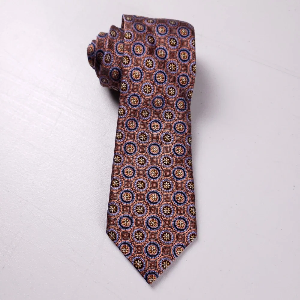 JZ Richards Silk Necktie Geometric Medallion Orange‎ Blue Mens Classic Tie